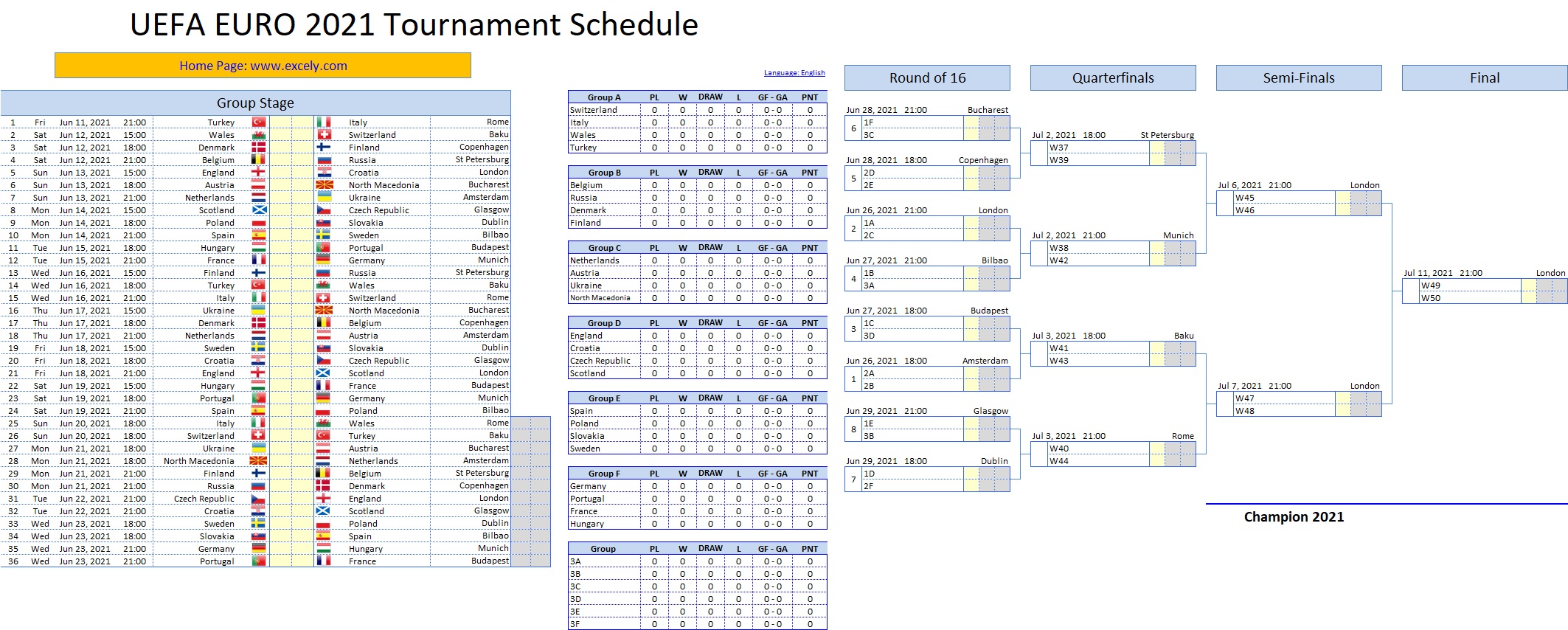 UEFA EURO 2020/2021 Schedule Excel Template - Excel VBA ...