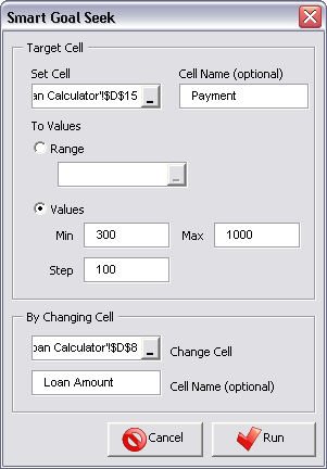 Smart Goal Seek Excel Add-In. Example Screenshot